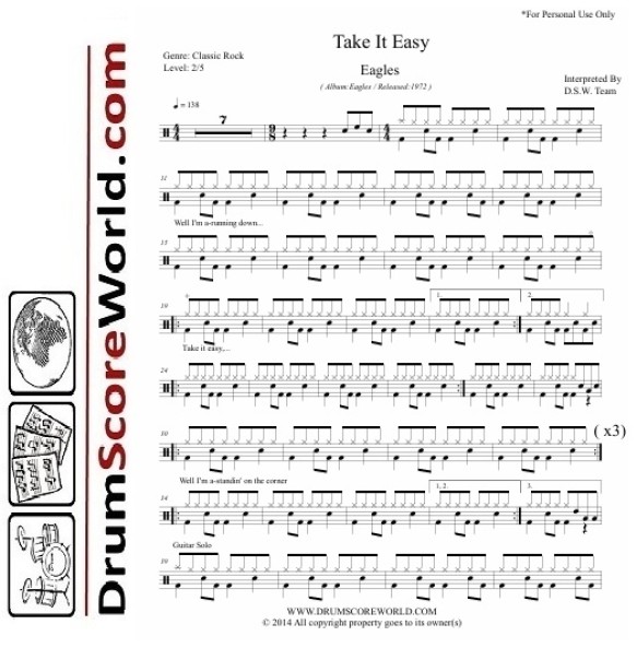 Eagles - Take It Easy - Drum Sheet + Play-Along Track
